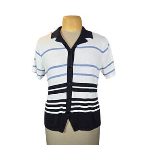 Hillard & Hanson Womens L Striped Knit Sweater Cardigan Collar Office Career Y2K